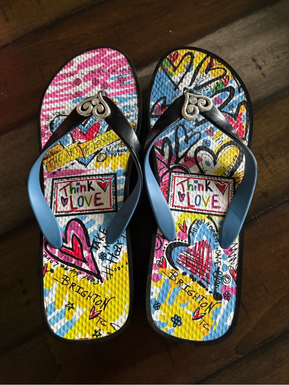 Brighton Think Love' Colorful Heart Flip Flops - Multi NWOT